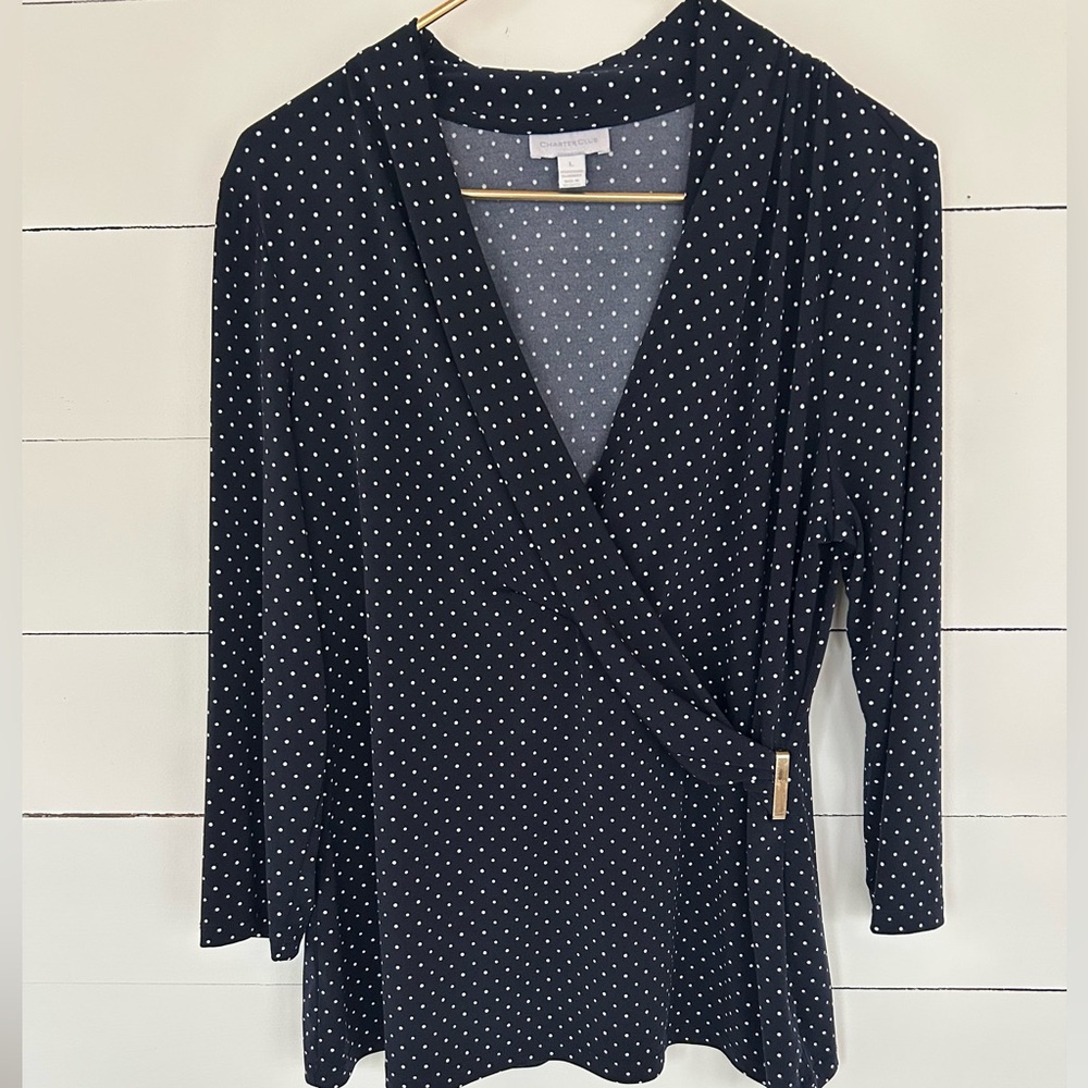 Blue Almost Black Wrap Around Top with Polka Dots and Gold Buckle, Size Large.